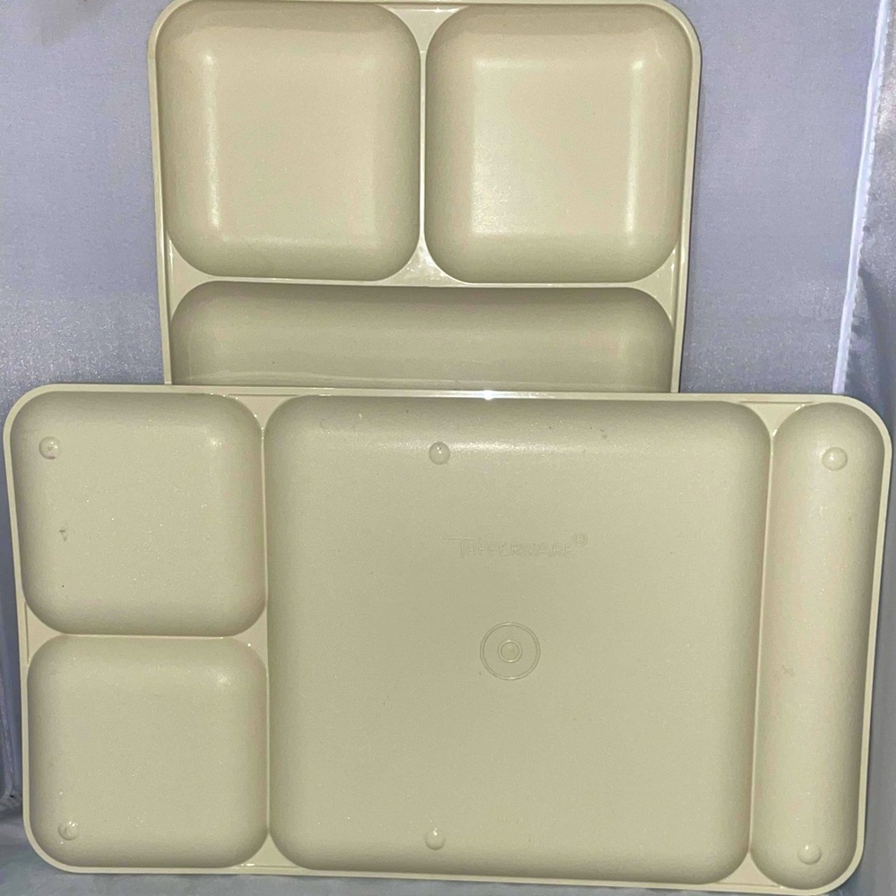 Lot of 2 Vintage TUPPERWARE 15"x9" Divided Lunch Picnic Camping TV Trays almond